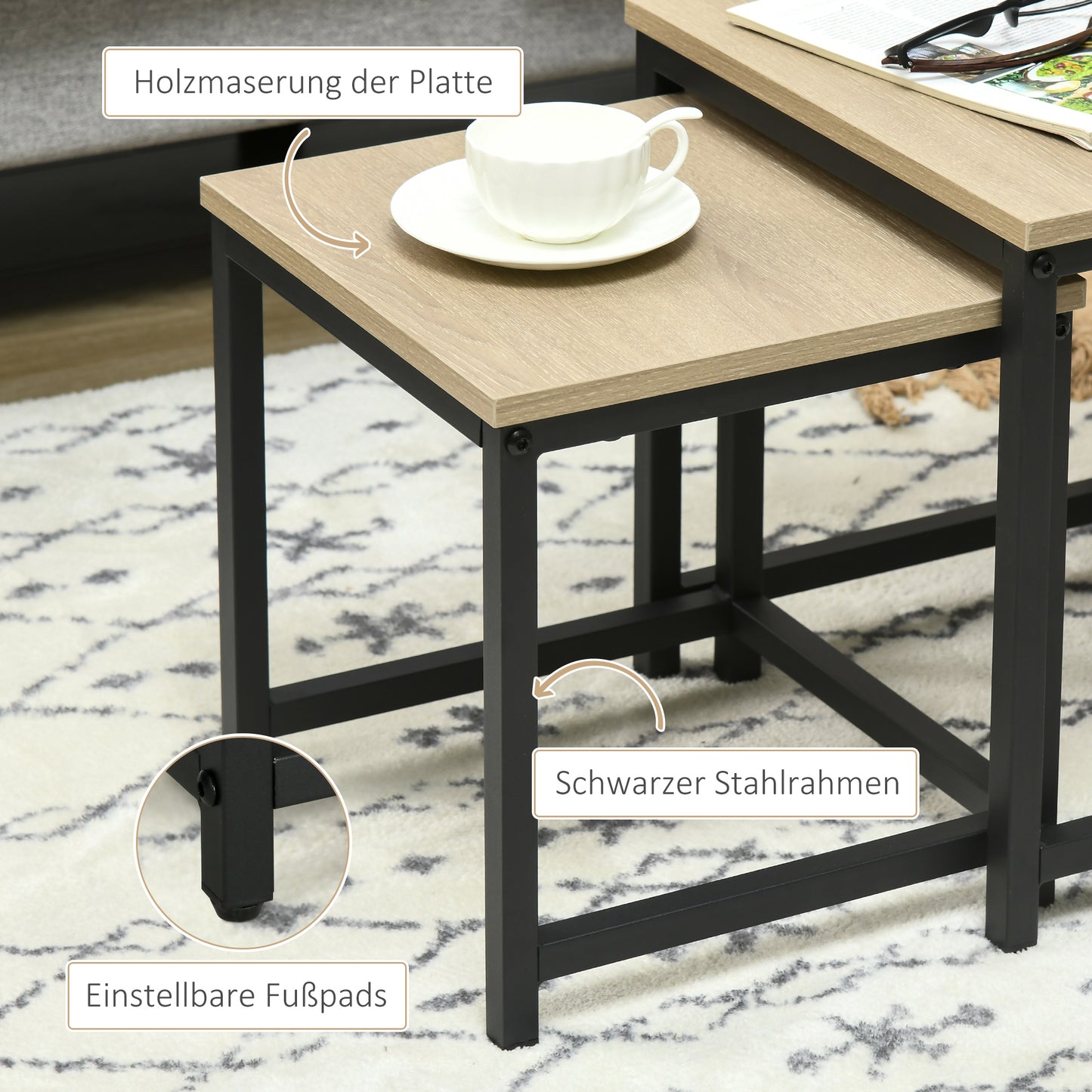 HOMCOM Satztisch-Set aus 3 Beistelltischen, Industrial Design, schwarzer Stahlrahmen, Tischplatte in Holzoptik