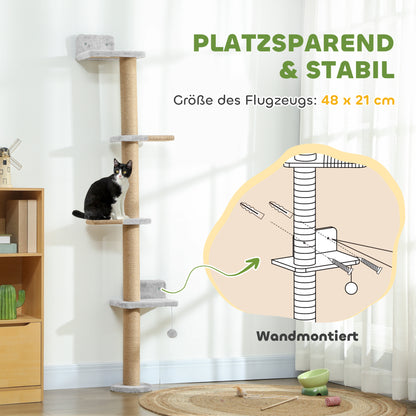 PawHut Katzenkratzbaum, 5-stufiges Design, Spielzeug, Sisalpfosten, Plüschstoff, Hellgrau