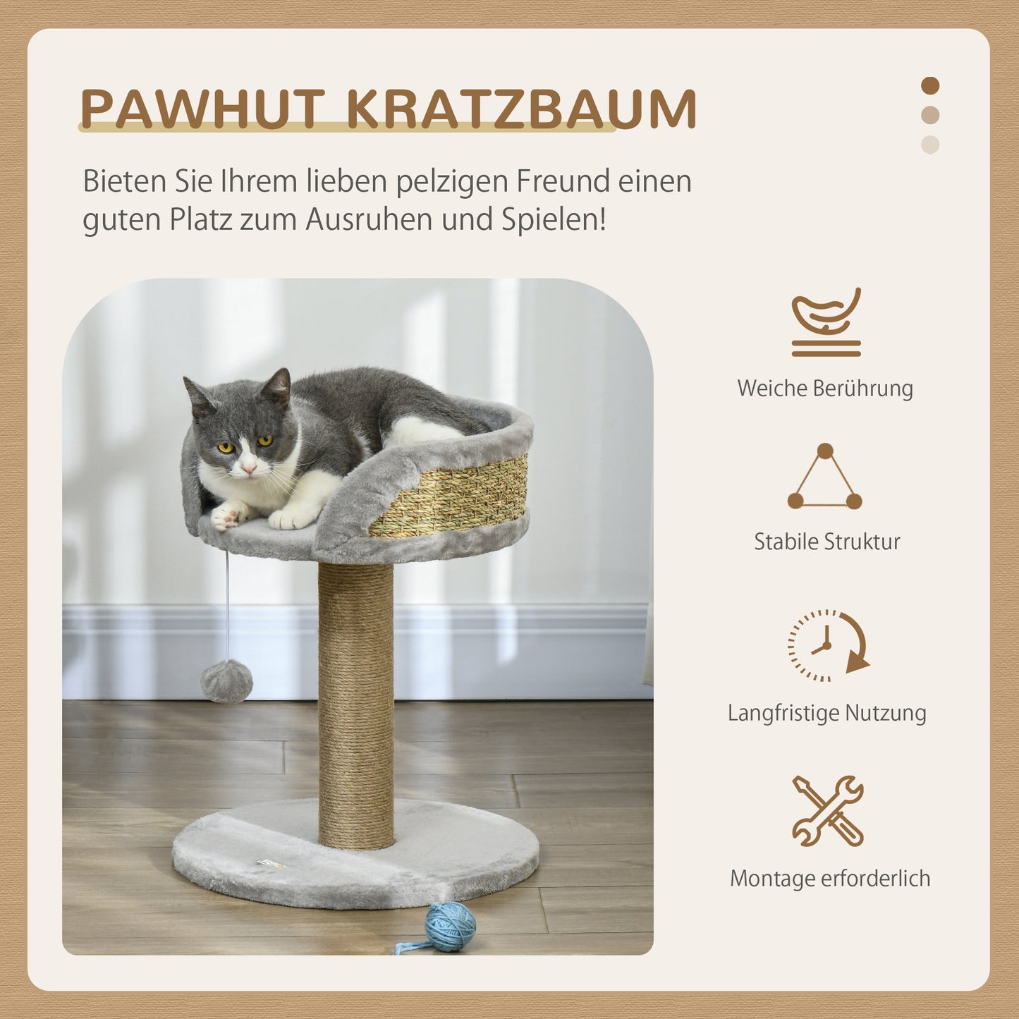 PawHut Kratzbaum Katzenbett Katzenkorb, inkl. Spielball, 40 cm x 40 cm x 49 cm, Grau