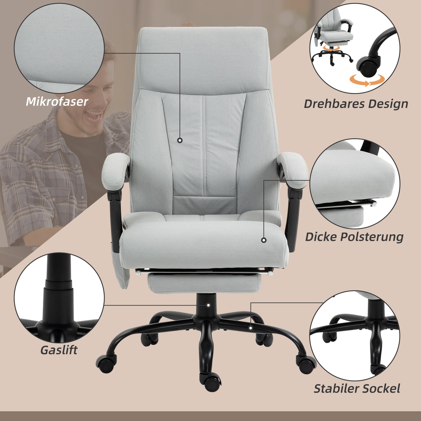 Vinsetto Bürostuhl mit Massagefunktion & Heizfunktion, Fußstütze, bis 120 kg, Grau