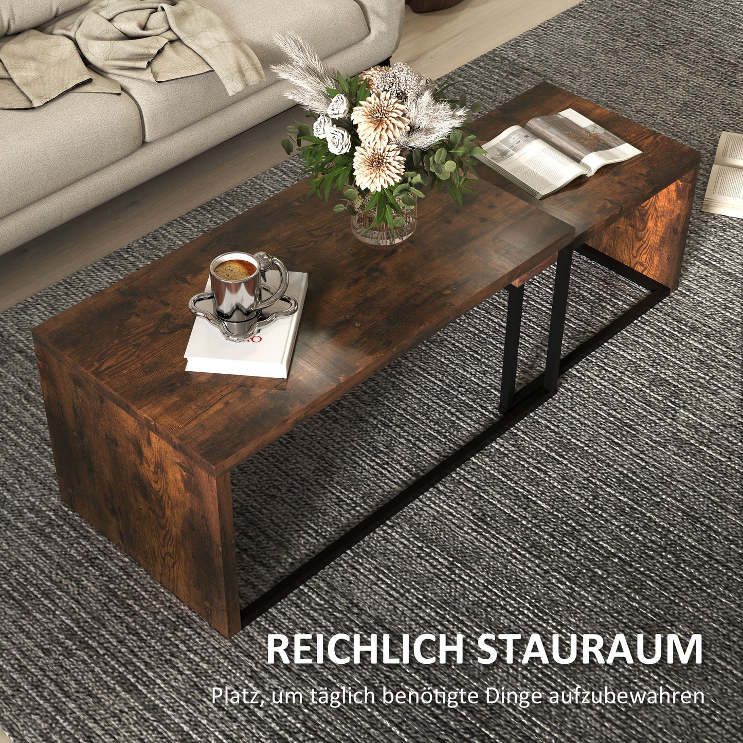 HOMCOM 2er-Set Couchtisch, Sofatisch, Beistelltisch, MDF, Metall, 90 x 48 x 42 cm/59 x 42 x 36 cm, Schwarz+Braun