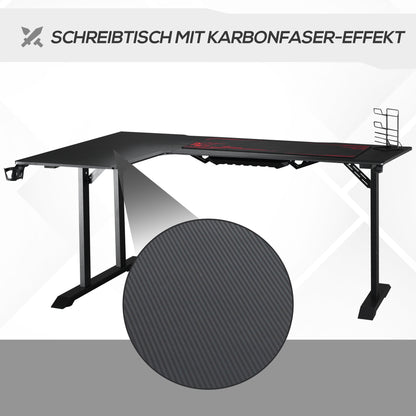 HOMCOM Gaming Tisch Schreibtisch L-förmige mit Kopfhörerhaken Getränkehalterung Computertisch MDF Metall Schwarz+Rot 168 x 109 x 78 cm