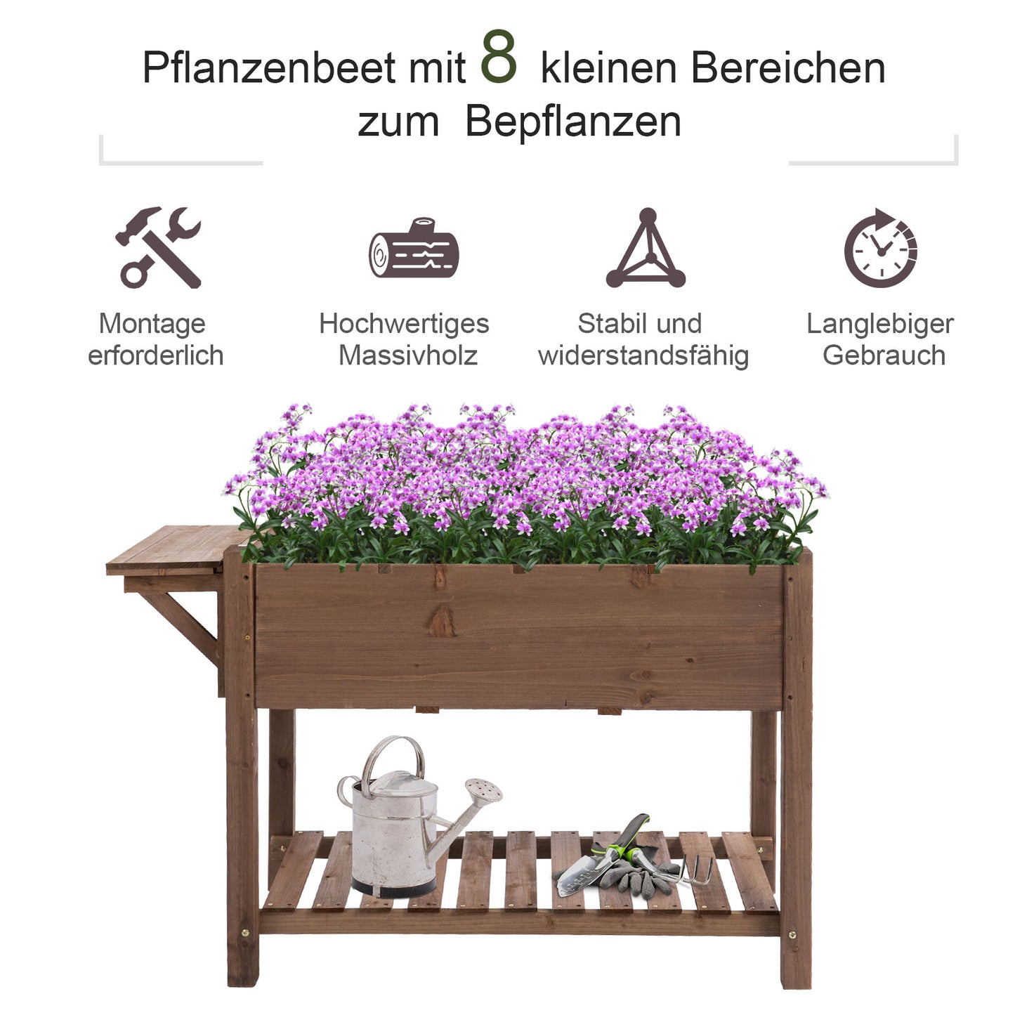 Outsunny Hochbeet Pflanzkasten mit 8 geteilten Gittern faltbare Ablage Blumenkasten Blumentopf Kräuterbeet Massivholz Braun 123 x 54 x 80 cm