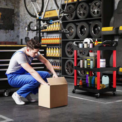 HOMCOM Werkzeugwagen mit 3 Ebenen, seitliche Griffe, Räder, Kunststoff, Rot