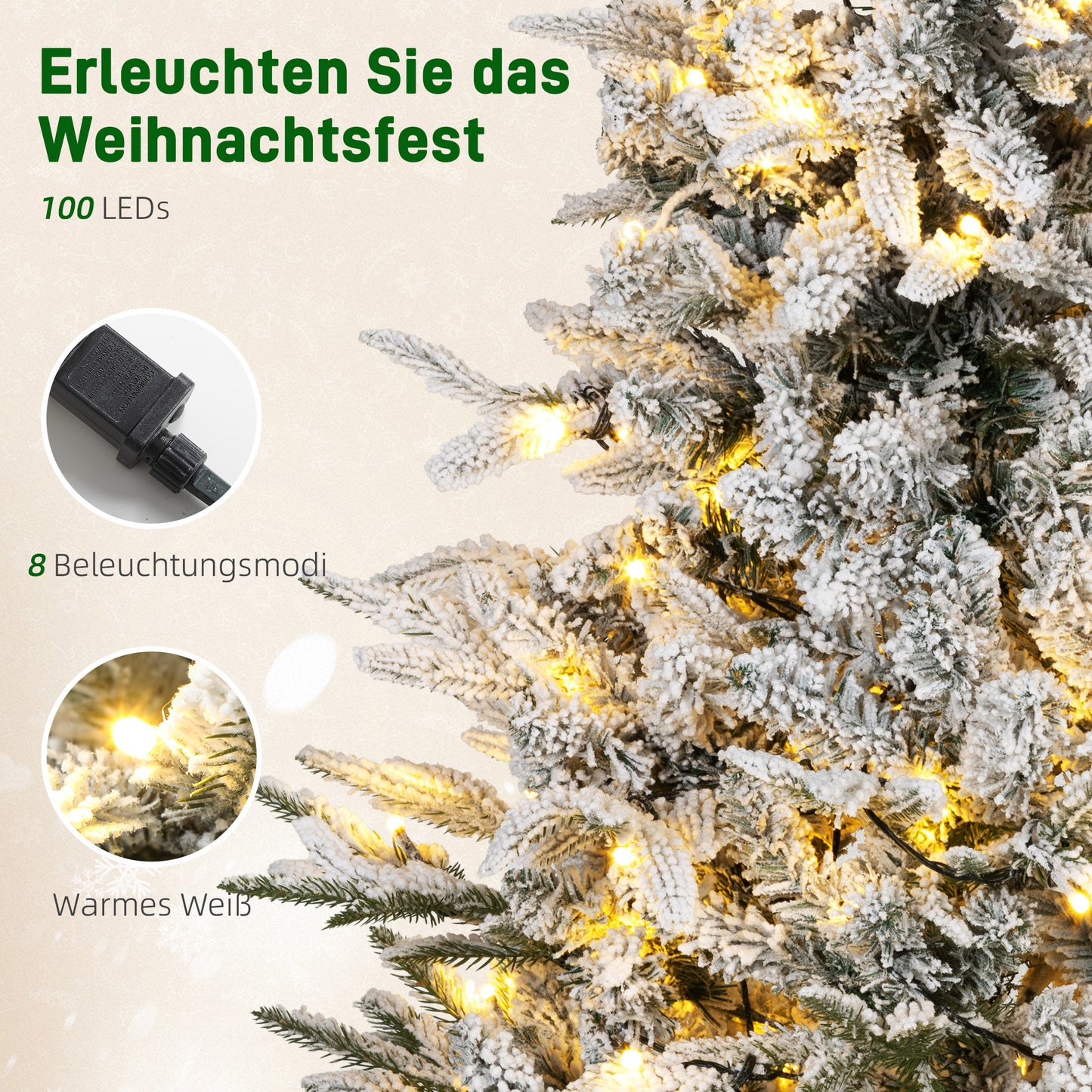 HOMCOM Künstlicher Weihnachtsbaum, schneebedeckter Look, 100 LEDs, 8 Modi, Kunststoff