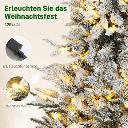HOMCOM Künstlicher Weihnachtsbaum, schneebedeckter Look, 100 LEDs, 8 Modi, Kunststoff