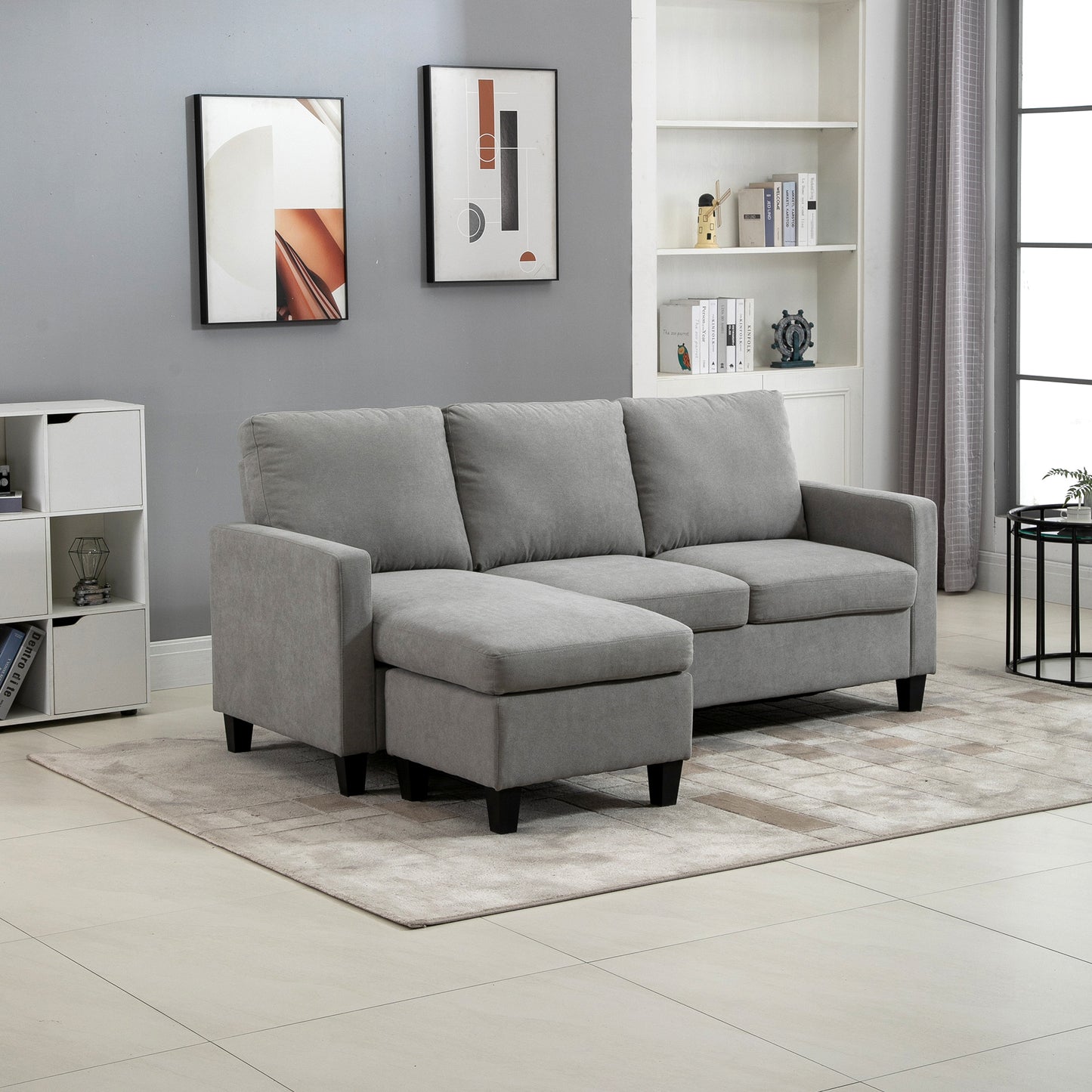 HOMCOM Ecksofa mit Schlaffunktion, 3-Sitzer-Sofa mit Bettkasten und Kissen, Eckcouch, L-Form Couch, Stoffbezug, Grau