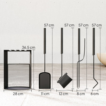 Outsunny Kaminbesteck Set 5teilig Kaminzubehör mit Besen, Schaufel, Schürhaken Zange Ständer Metall, Schwarz