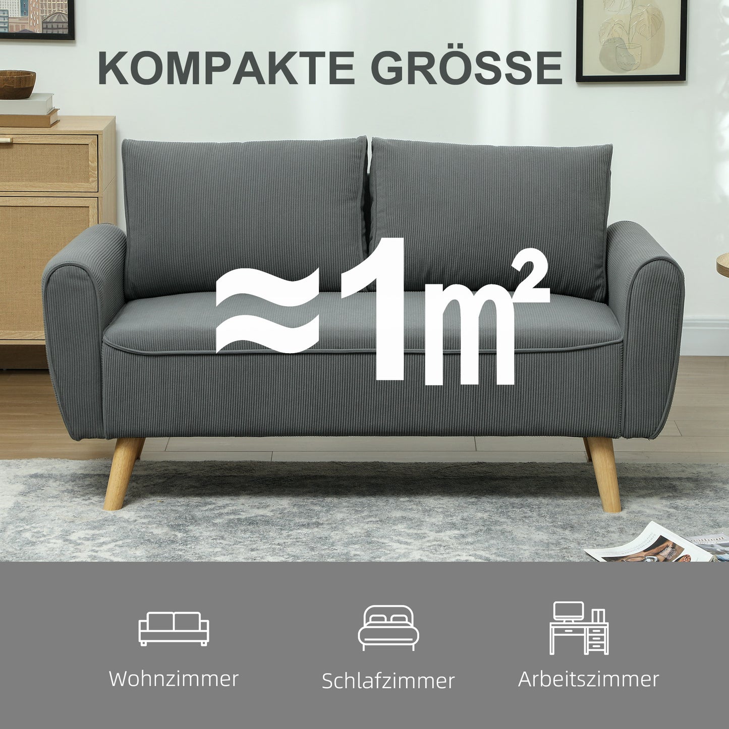 HOMCOM Zweisitzer-Sofa, Stoffcouch, 2 Rückenkissen, Cordbezug, 145 x 75 x 78 cm, Anthrazit
