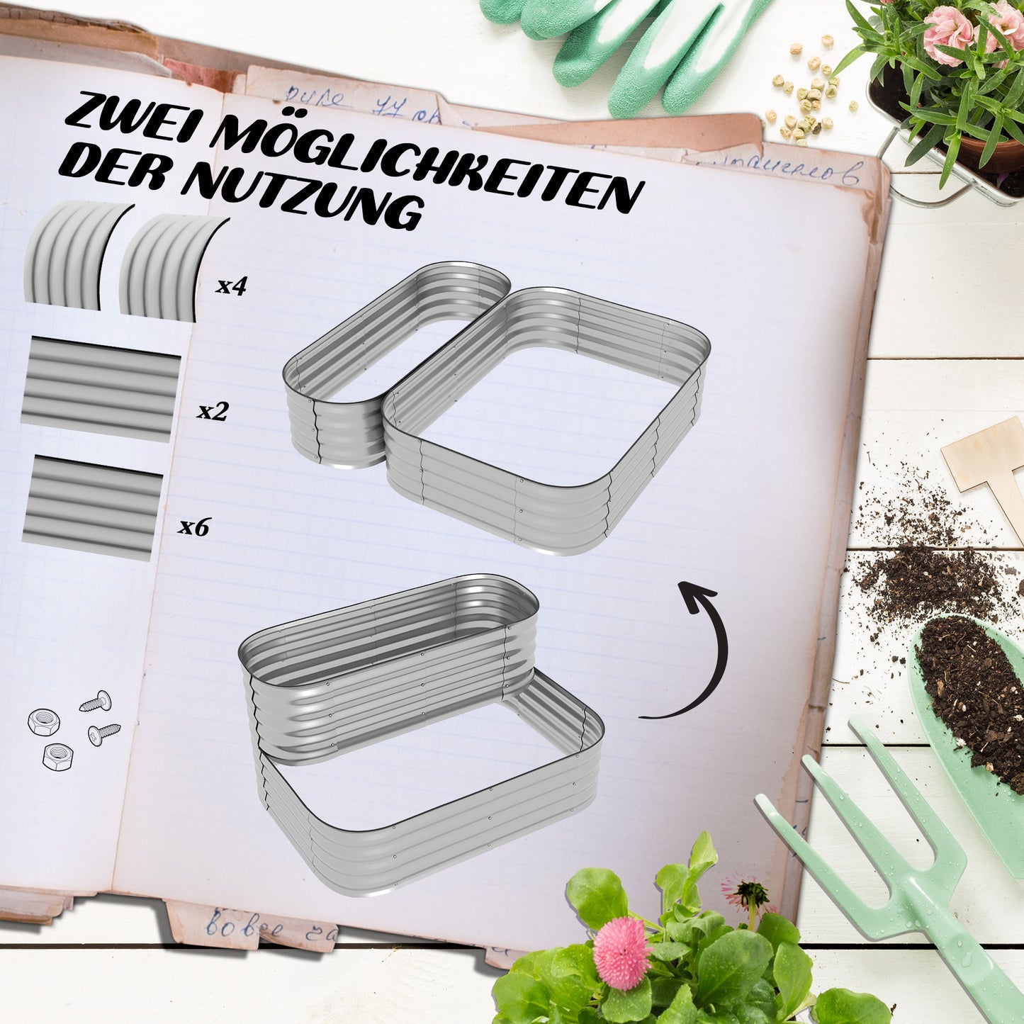 Outsunny Hochbeet aus Metall, 2 Etagen, witterungsfest, offener Boden, 120 x 90 x 30cm, Farbe: Silber