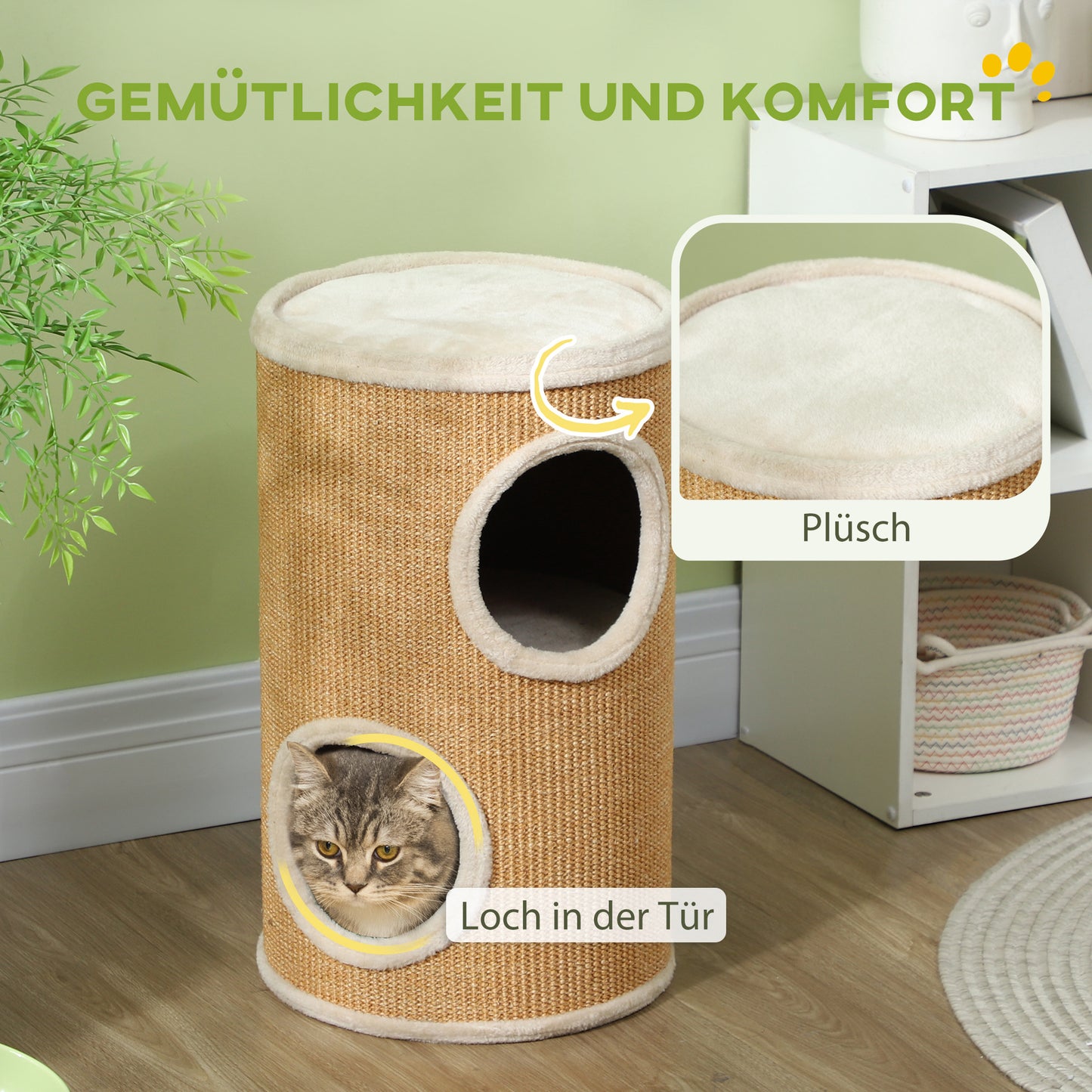 PawHut Katzenbaum mit viel Platz, Plüschbezug, Sisal-Oberfläche, Φ35 x 60H cm, Braun-Beige, 10 kg