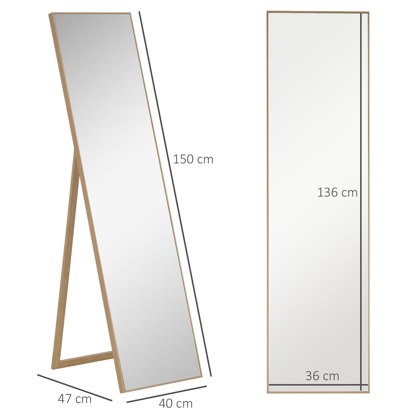 HOMCOM Ganzkörperspiegel mit Ständer, freistehend, 40 cm x 150 cm, Natur