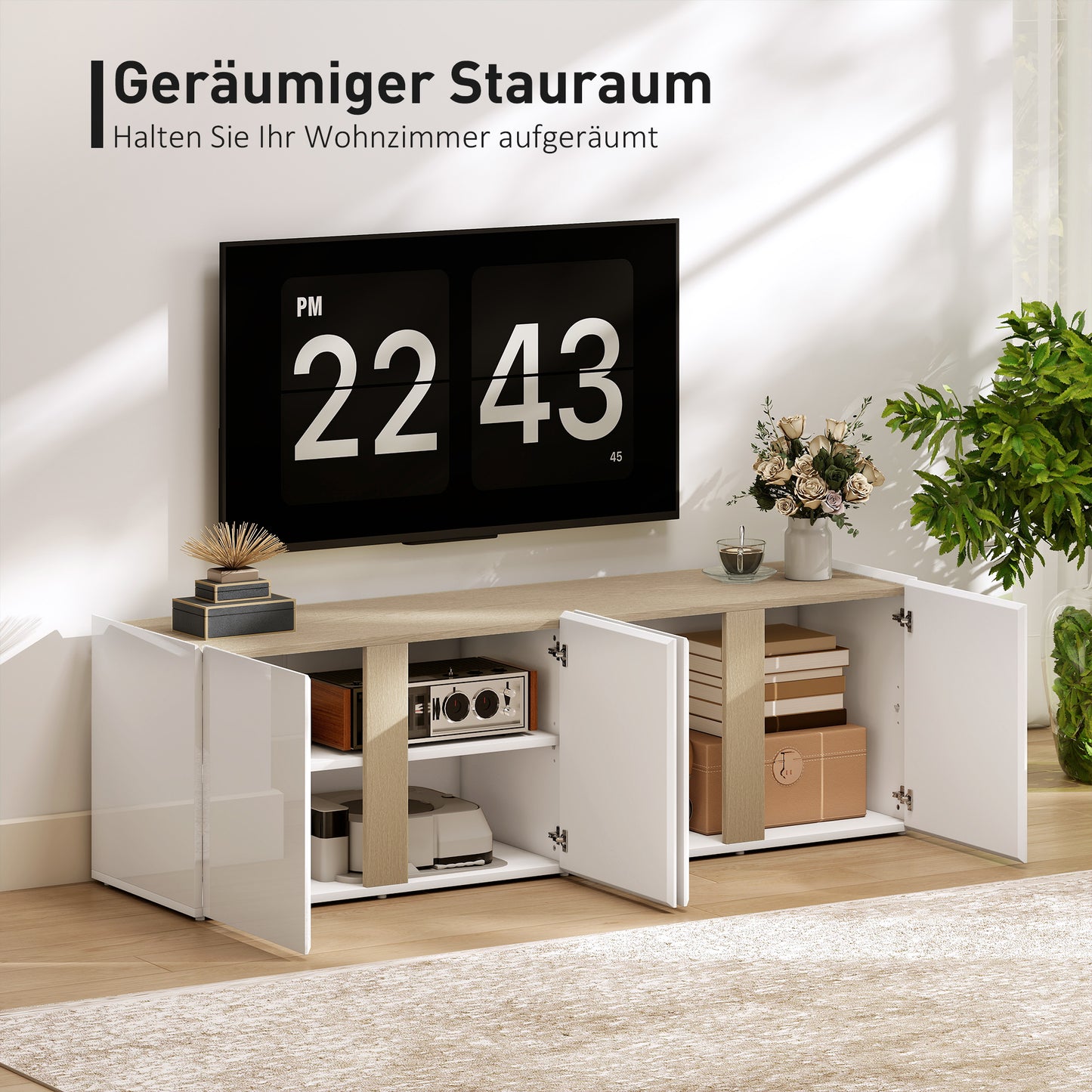HOMCOM TV-Kommode für 65-Zoll-Fernseher, Fernseh-Schrank mit Soft-Close-Türen, anpassbare Regale, Kabellöcher, für Wohnzimmer, Weiß