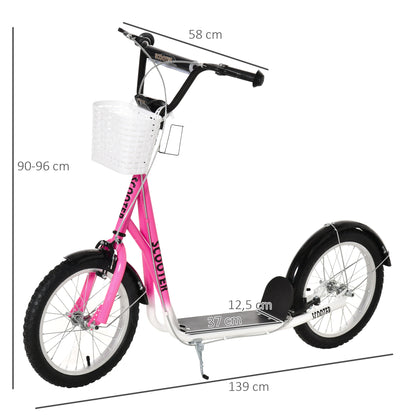 HOMCOM Kinderroller Tretroller mit Bremse, inkl. Korb, höhenverstellbar, für Kinder von 5 bis 12 Jahren, Weiß + Pink