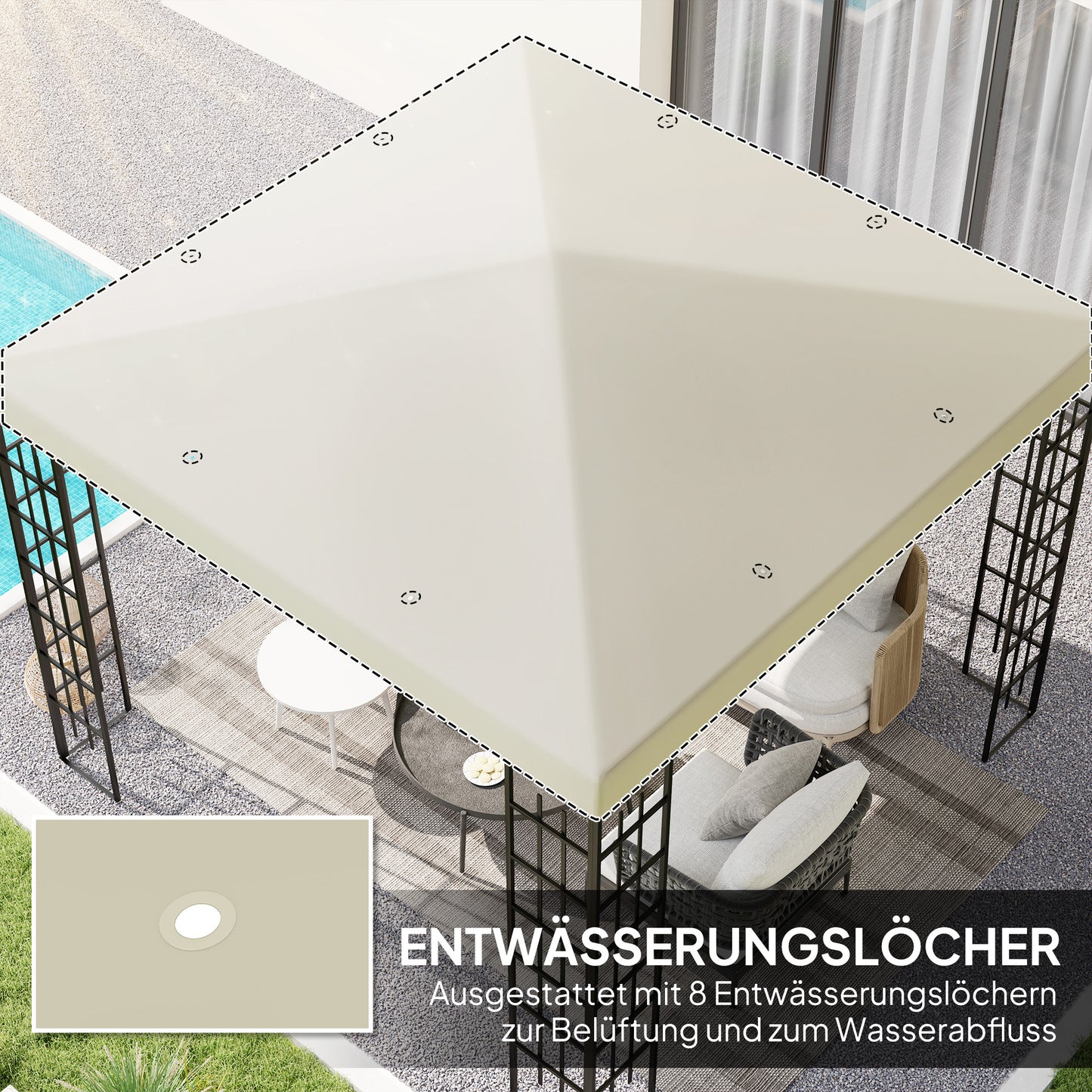 Outsunny 3 x 3 m Ersatzplane für Pavillon, Plane für Garten-Pavillon, mit Wasserablauföffnungen, UPF30+, Cremeweiß