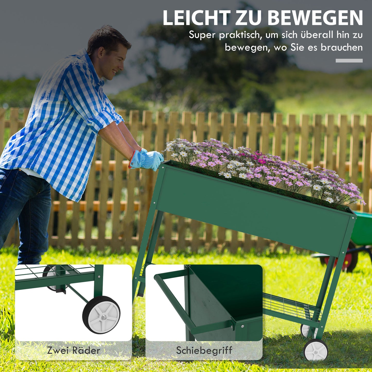 Outsunny Hochbeet Pflanzbeet Pflanzkasten, 1 Ablage, 2 Rollen, 109 cm x 44 cm x 80 cm, Grün