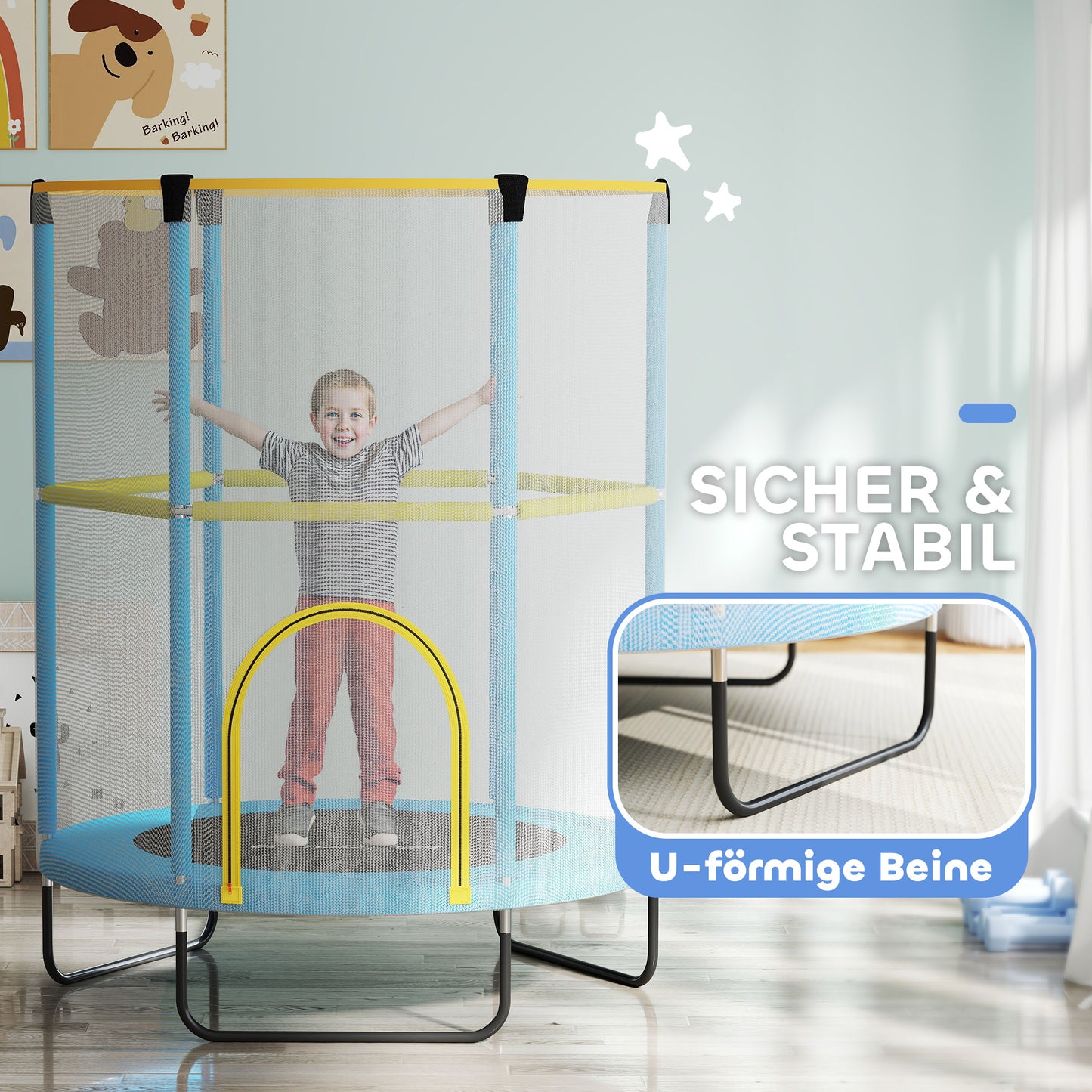 AIYAPLAY Kindertrampolin, Sicherheitsnetz, rutschfeste Beine, Reißverschlusseingang, Bunt