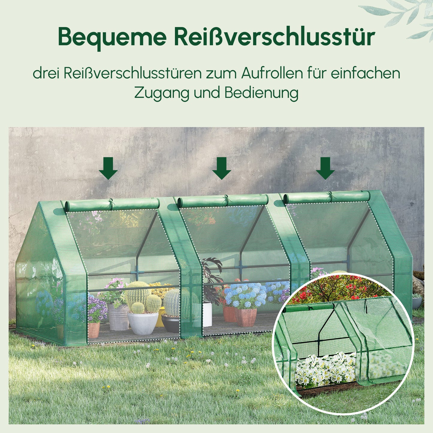 Outsunny Gewächshaus mit 3 Rollfenster, PE-Gitterfolie, Foliengewächshaus aus Stahl, Treibhaus für Balkon, Garten, Tomatenhaus 270x90x90cm, Tomatengewächshaus für Gemüse, Blumen, Pflanzen, Grün