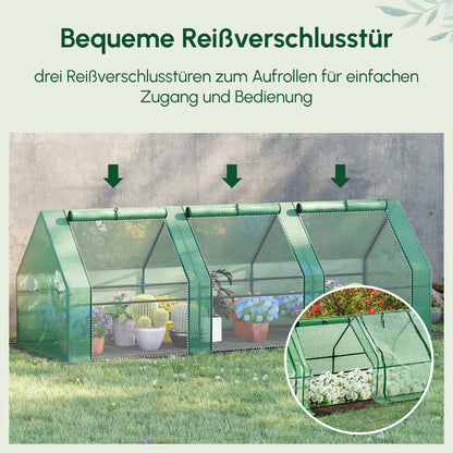 Outsunny Gewächshaus mit 3 Rollfenster, PE-Gitterfolie, Foliengewächshaus aus Stahl, Treibhaus für Balkon, Garten, Tomatenhaus 270x90x90cm, Tomatengewächshaus für Gemüse, Blumen, Pflanzen, Grün