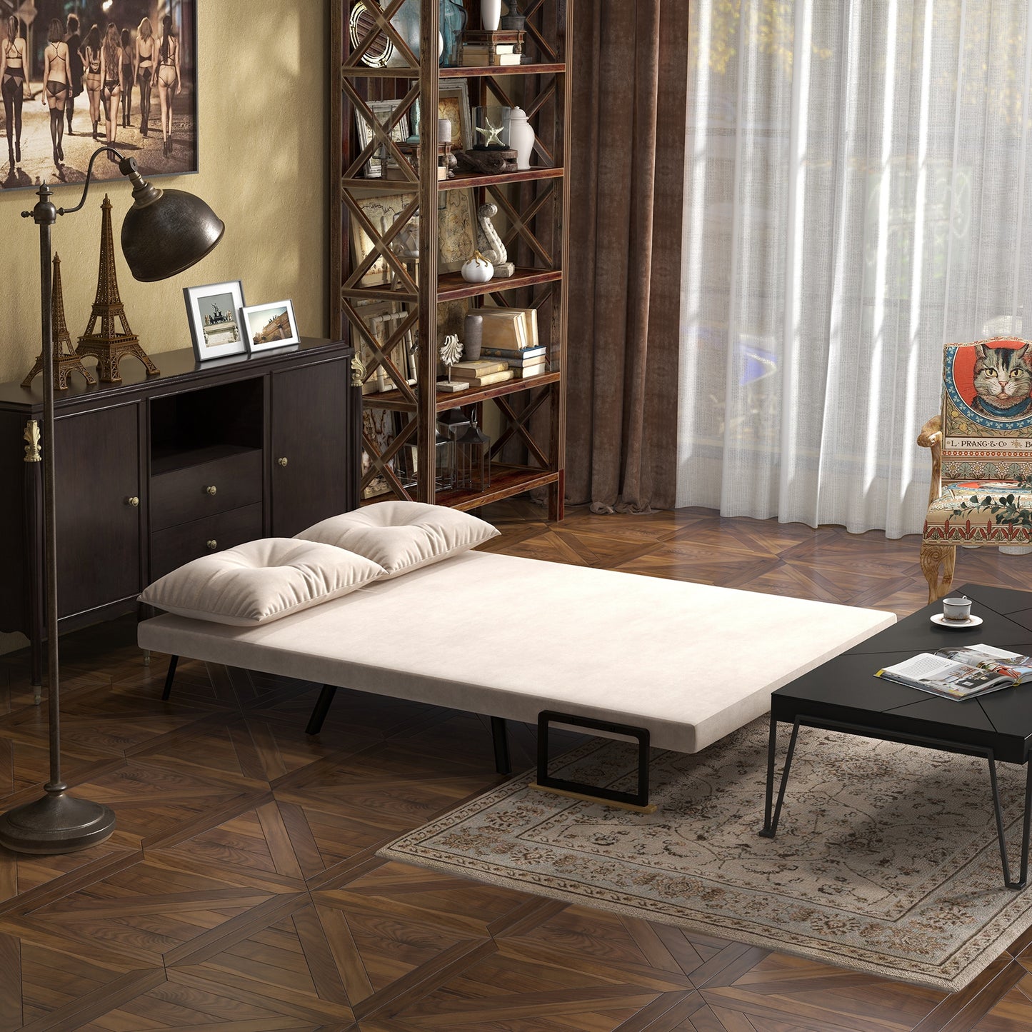 HOMCOM Schlafsofa 2er-Sofa Samtsofa, Schlaffunktion, inkl. 2 Kissen, Samtoptik, Natur + Beige + Schwarz