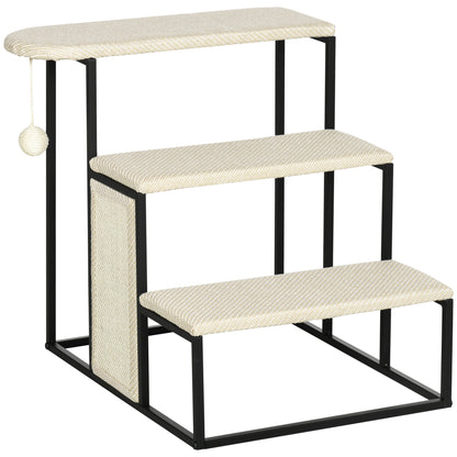 PawHut Katzentreppe, mit Kratzbrett, 3 Stufen, Spielball, robust, Stahl+Sisal, cremeweiß+schwarz, 51 x 54 x 53cm