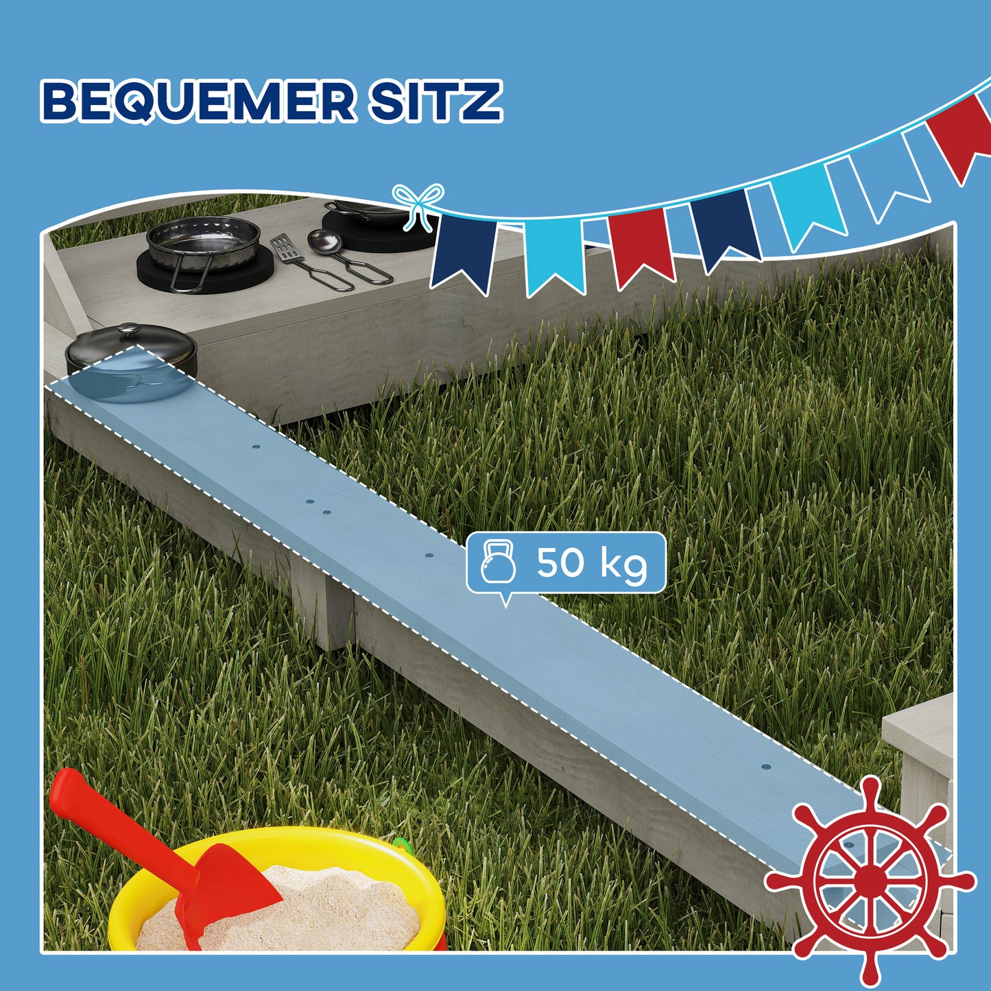 Outsunny Sandkasten mit Sonnendach Piratenschiff, inkl. Barnküchenspielset, Massivholz, 180 x 103 x 144,5 cm, Grau