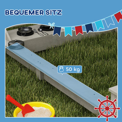 Outsunny Sandkasten mit Sonnendach Piratenschiff, inkl. Barnküchenspielset, Massivholz, 180 x 103 x 144,5 cm, Grau
