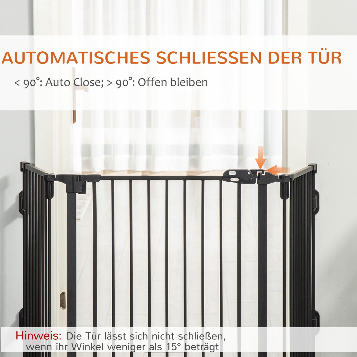 PawHut Hunde Absperrgitter Türschutzgitter Haustierschutzgitter verstellbar klappbar Kamingitter mit automatische schließenden Tür 3 Paneele für Ofen Wandmontage/Freistehend Schwarz 202,5 x 76 cm