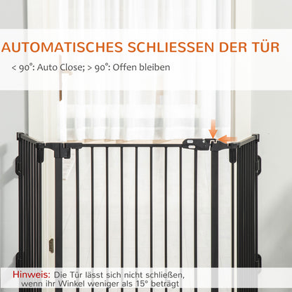 PawHut Hunde Absperrgitter Türschutzgitter Haustierschutzgitter verstellbar klappbar Kamingitter mit automatische schließenden Tür 3 Paneele für Ofen Wandmontage/Freistehend Schwarz 202,5 x 76 cm