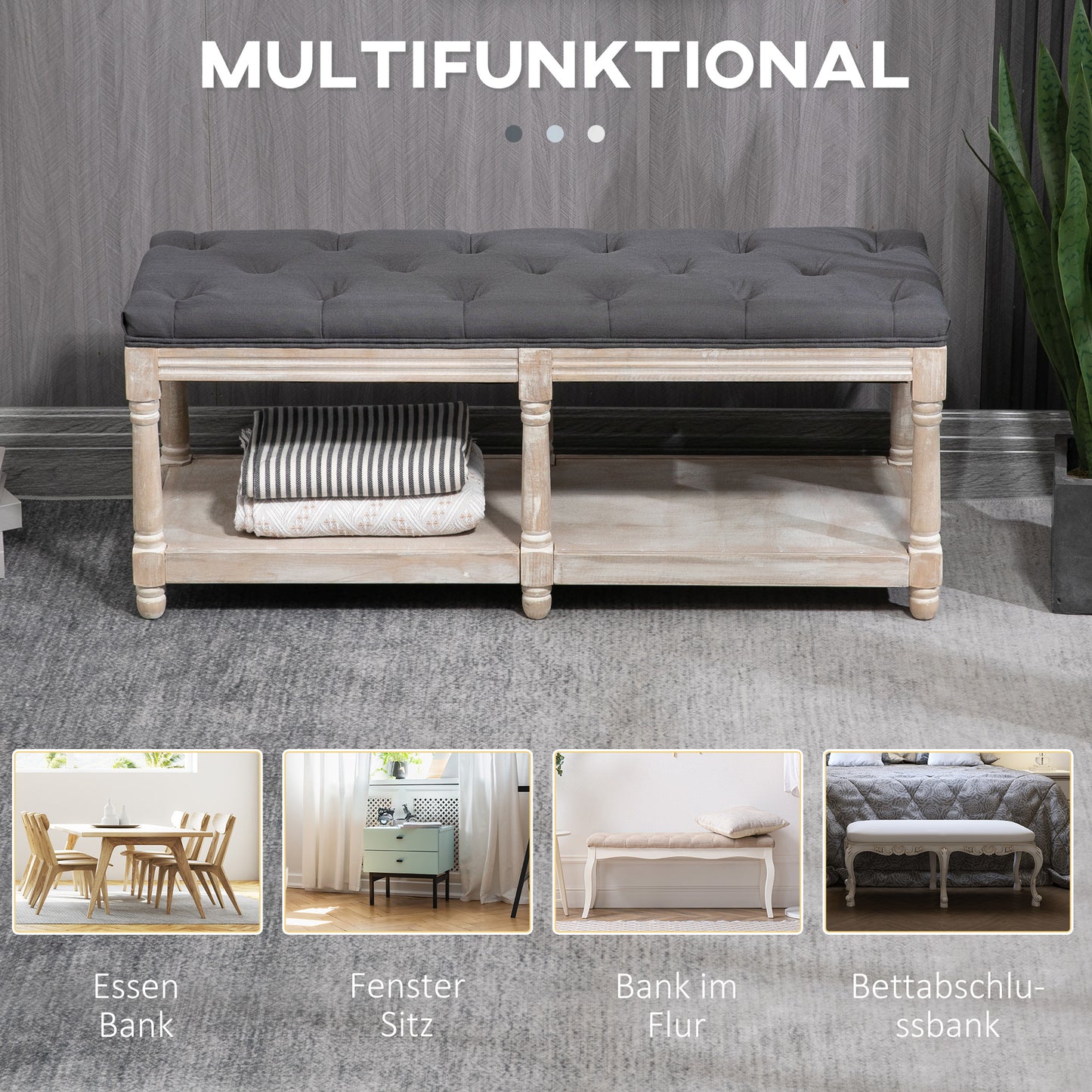 HOMCOM Sitzbank mit Stauraum, Vintage-Design, Knopfheftung, Kautschukbaumholz, 115x40x48cm, Grau