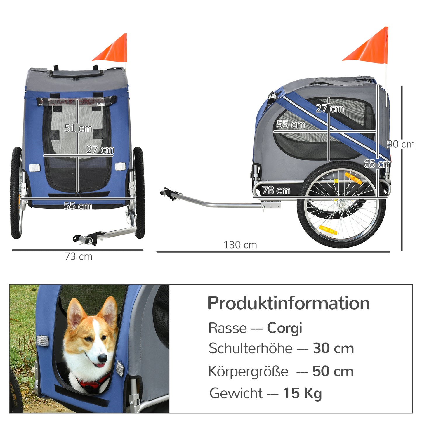 PawHut 2-i-1 Haustieranhänger Fahrradanhänger bis 20kg klappbar Regenschutz Sicherheitsfahne Reflektoren Stahl grau+blau 130 x 73 x 90cm