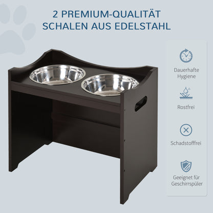 PawHut Erhöhter Hundenapf Höhenverstellbar Futternapf mit Ständer Wassernapf 2 x 2L Edelstahlnäpfen Langsamfutternapf verstellbar Fressnapf Futterstation Hundenäpfe für alle Hundegrößen, Kaffee