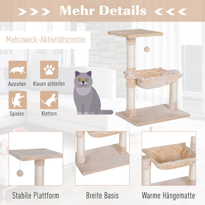 PawHut Kletterbaum Katzenbaum Kratzbaum mit Sisalsäule Plüsch-Hängematte Spanplatte Beige 50 x 36 x 70 cm
