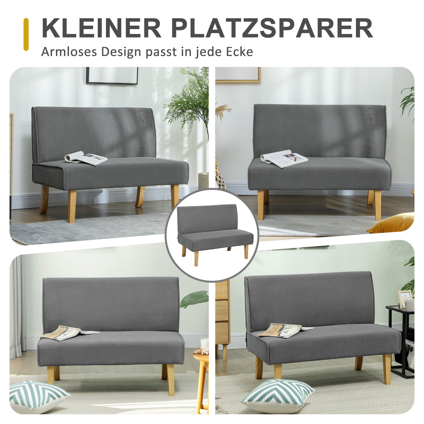 HOMCOM Zweisitzer-Sofa mit Cord-Bezug, dicker Polsterung und soliden Holzbeinen für Wohnzimmer, Schlafzimmer, Büro, Grau