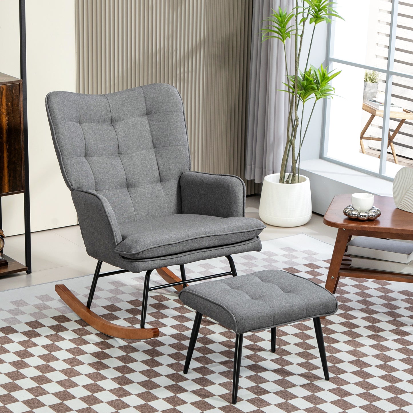 HOMCOM Schaukelstuhl mit Hocker, komfortabel, bis 130 kg, Leinenoptik, 64x89x90cm, Dunkelgrau