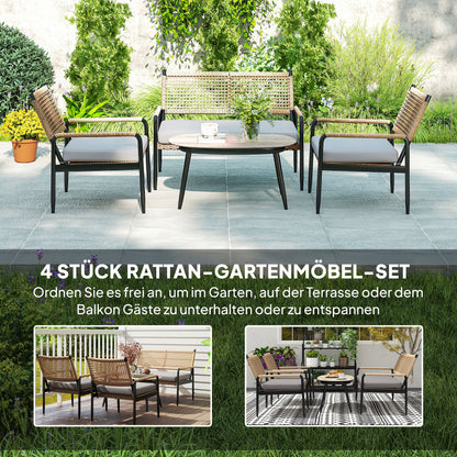 Outsunny Gartenmöbel Set från Polyrattan Lounge-Set mit 2er Sofa Sessel Glastisch Kissen für 4 Personen Dunkelgrau+Gelb