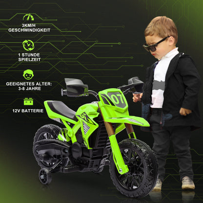 AIYAPLAY Elektro-Motorrad für Kinder, 6V Batterie-Antrieb, Stützräder, Hupe, Startgeräusch, 3-8 Jahre, Grün
