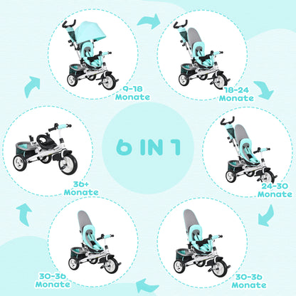 HOMCOM Kinder-Dreirad, Kinderfahrrad, Rückenkorb, Becherhalter, Sonnendach, Metall, Grün