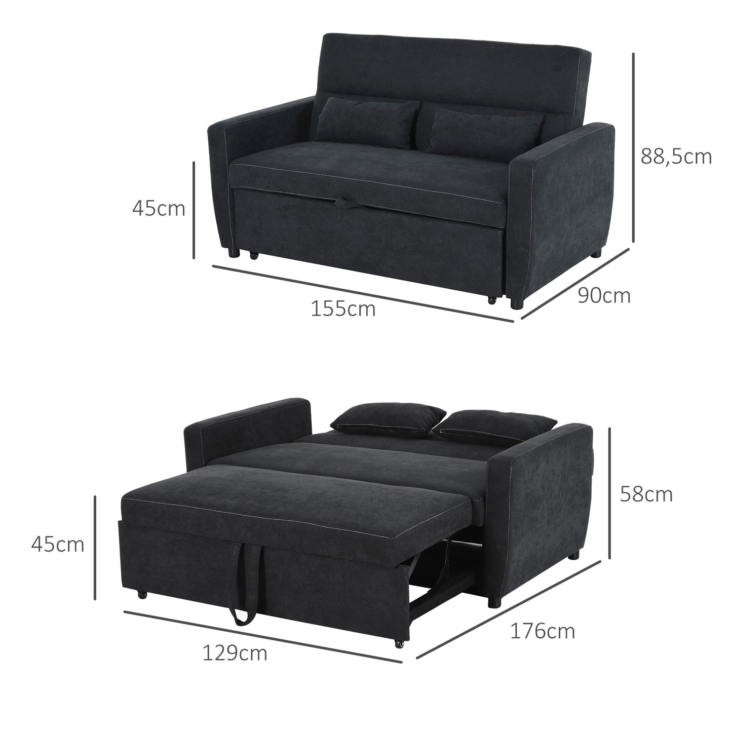 HOMCOM 2-Sitzer Sofa mit Bettfunktion, Verstellbarer Rückenlehne, Polstersofa, Samtoptik, für Wohnzimmer, Schlafzimmer, Schwarz