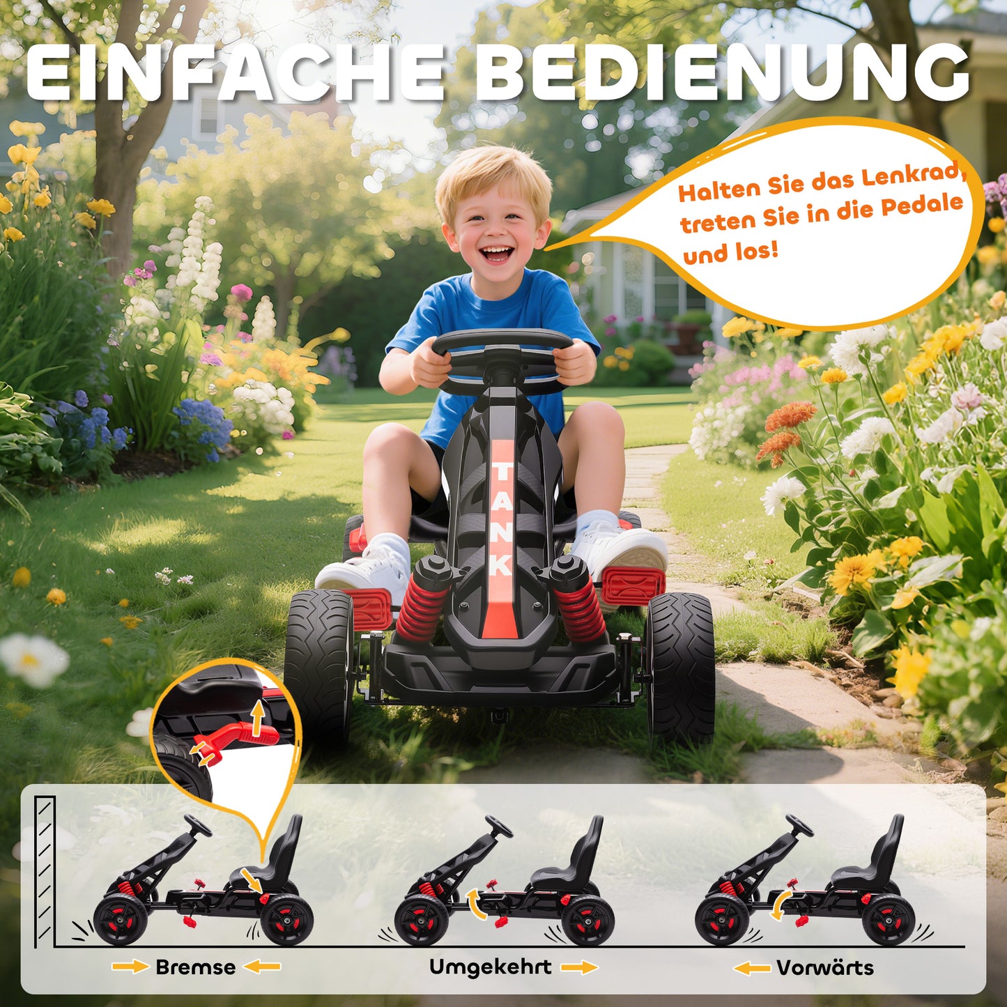 AIYAPLAY Gokart mit Pedalen, Tretauto für Kinder mit Bremse, rutschfeste Räder, Metallrahmen, 3-6 Jahre, Rot