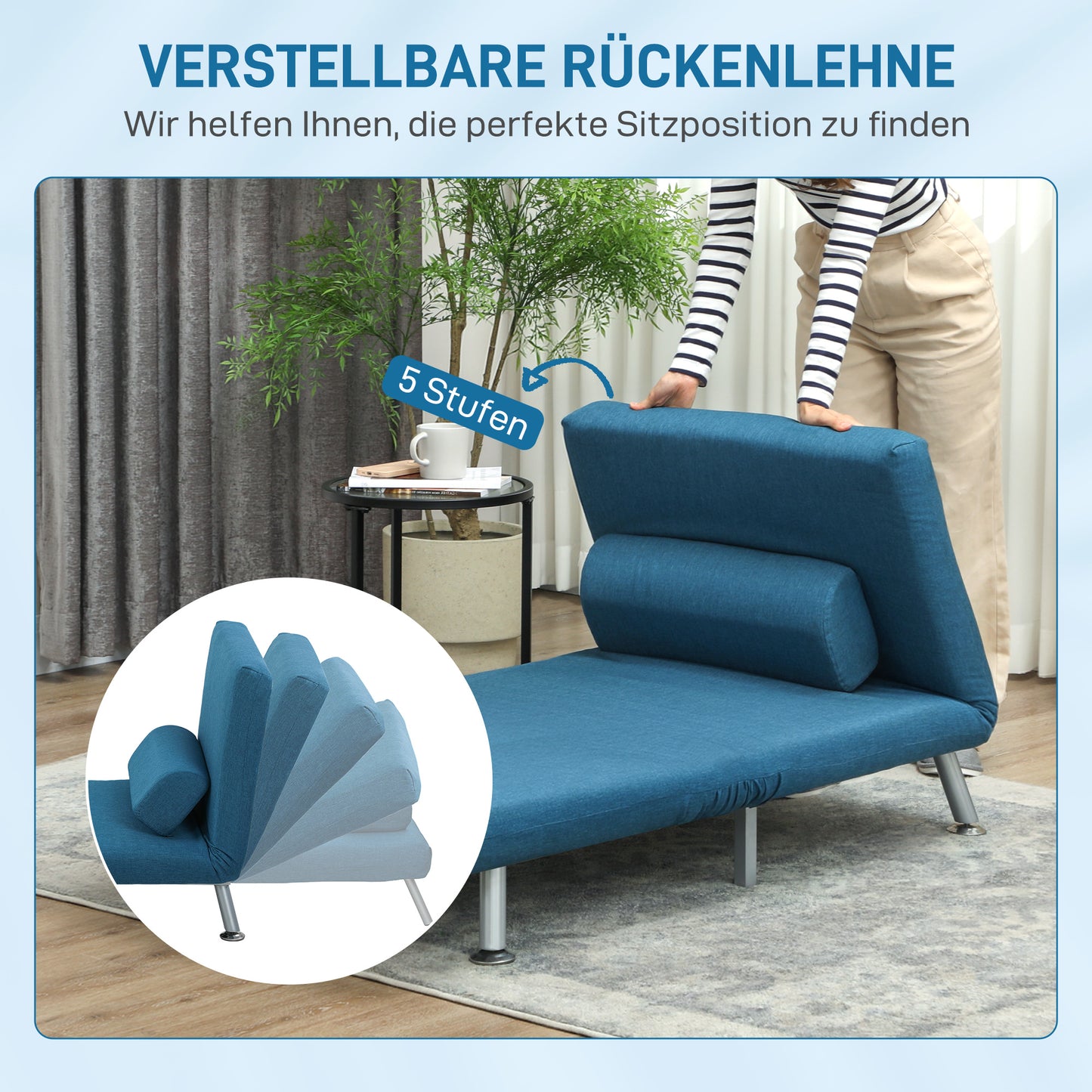 HOMCOM Klappsessel mit Bettfunktion, klappbarer Relaxsessel in Leinenoptik, Verstellbare Rückenlehne, 75 x 70 x 75 cm, Blau