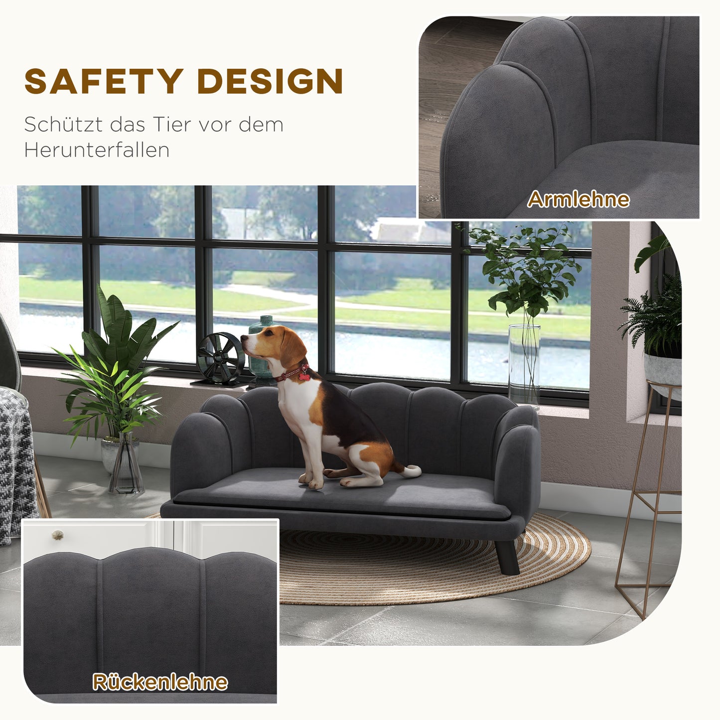 PawHut Hundesofa Hundecouch, Waschbarer Bezug, Haustiersofa mit Rückenlehne und Holzbeine, Katzensofa, für mittelgroße Hunde under 25 kg, Dunkelgrau