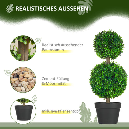 HOMCOM 2er-Set Künstlicher Buchsbaum, 2 Buchsbäume, Outdoor, 17 cm x 17 cm x 60 cm, Grün + Braun+ Schwarz