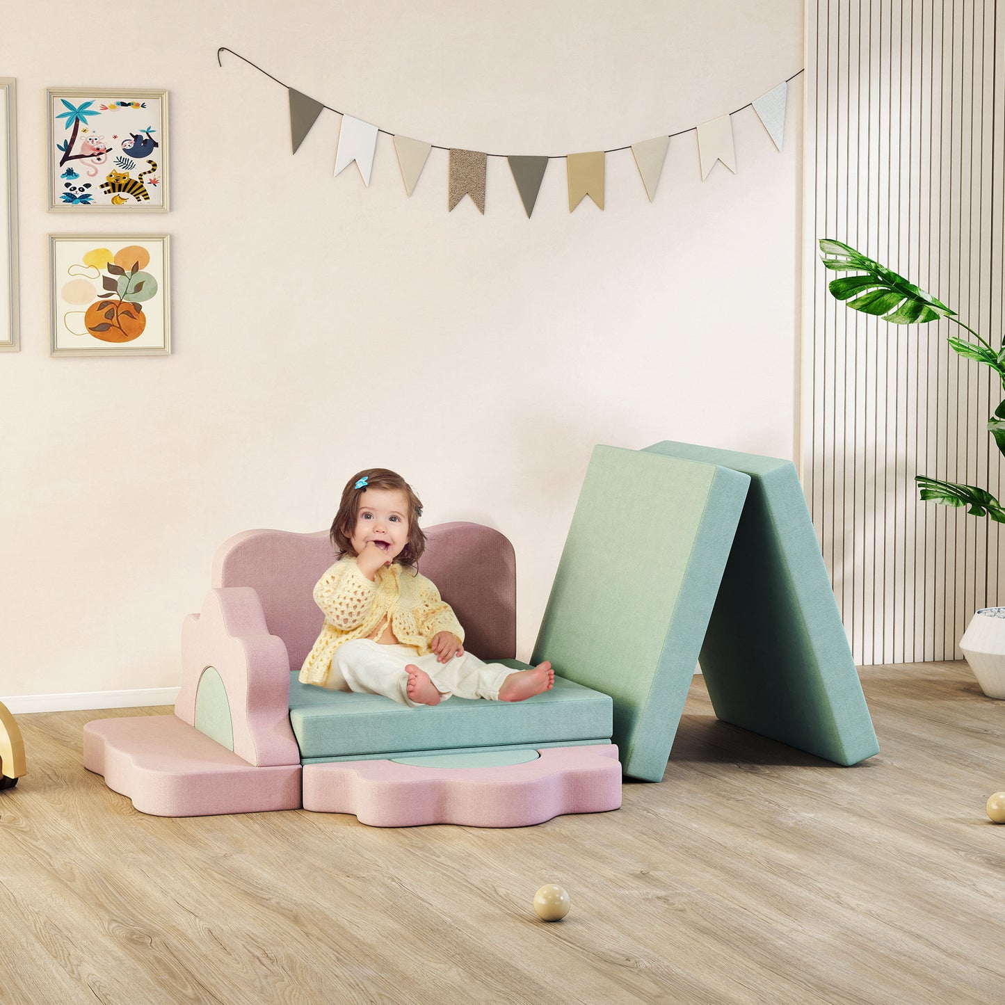 AIYAPLAY 12-teiliges Set Schaumstoffblöcke zum Klettern, Bauen, Krabbeln, Indoor-Spielmatten mit Cordbezug, Grün+Rosa