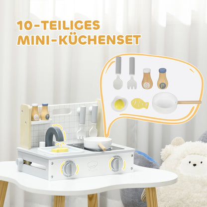 AIYAPLAY Kinderküchen-Set, 10-teilig, mit Gewürzflaschen, Topf, Ei, Fisch, 36x21,5x25 cm, Grau/Gelb