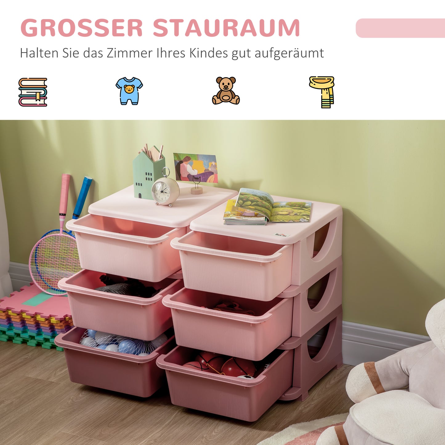 HOMCOM Aufbewahrungsbox für Kinder, Kinder-Aufbewahrungsbox, 3 Schubladen, Rosa