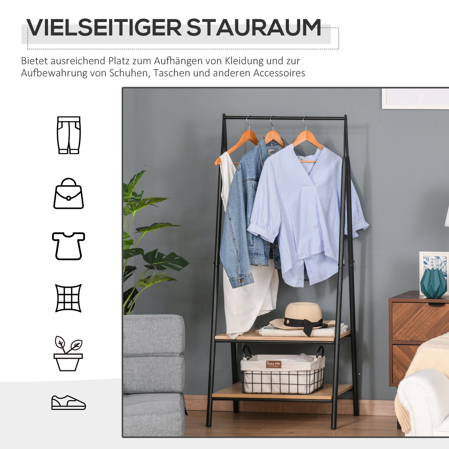 HOMCOM Gaderobenständer Kleiderständer Kleiderstange mit Schuhablage Wäscheständer Metall + Holz Schwarz + Natur 64 x 42,5 x 149 cm