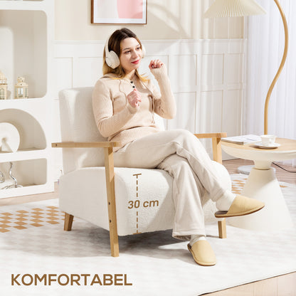 HOMCOM Sessel mit Rückenlehne, Armlehnen, Gepolstert Loungesessel mit Sherpa-Optik, Holzbeine, für Schlafzimmer, Wohnzimmer, bis 120 kg, Cremeweiß