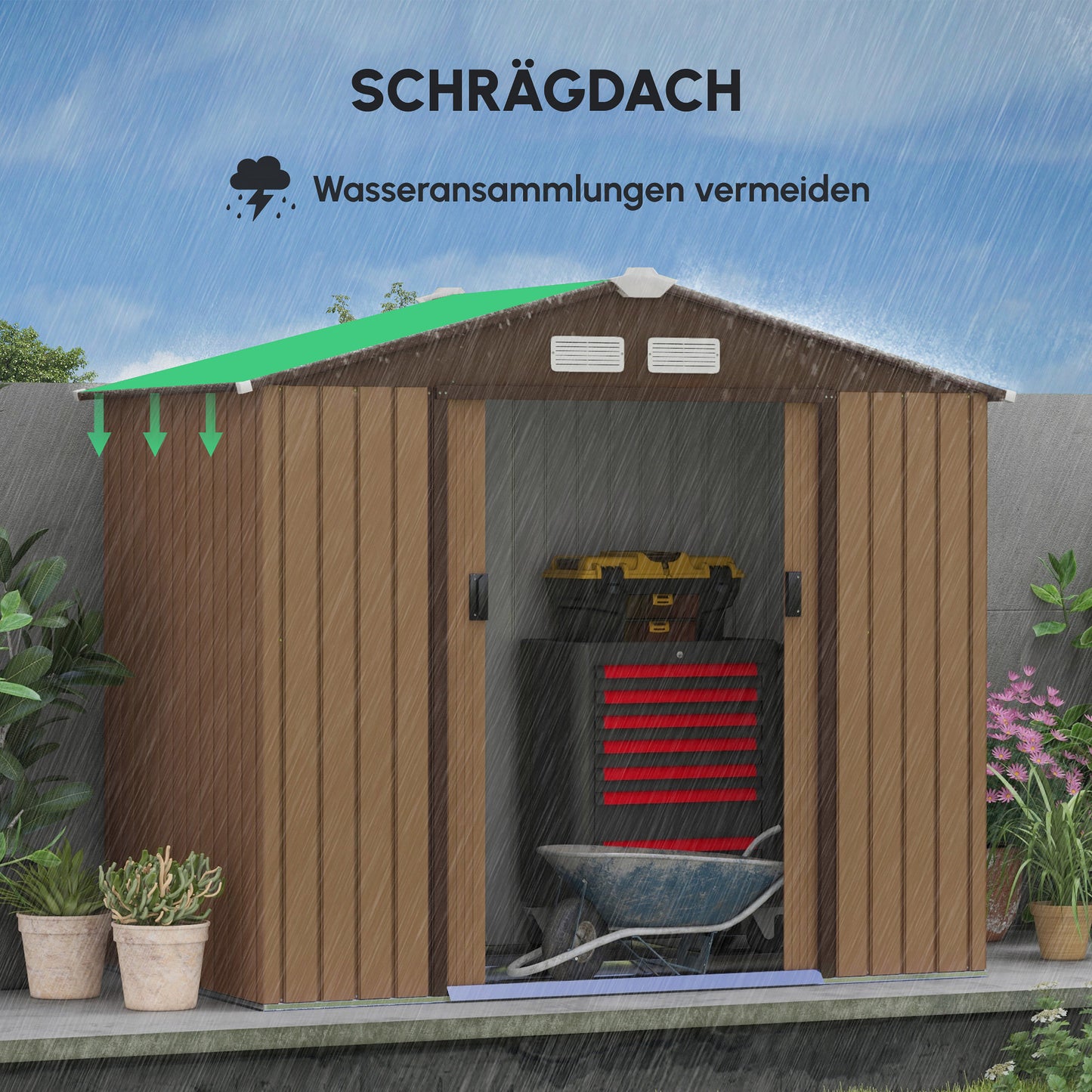 Outsunny Geräteschuppen mit Schiebetüren 2,13 x 1,30 x 1,85cm Metall Gelb