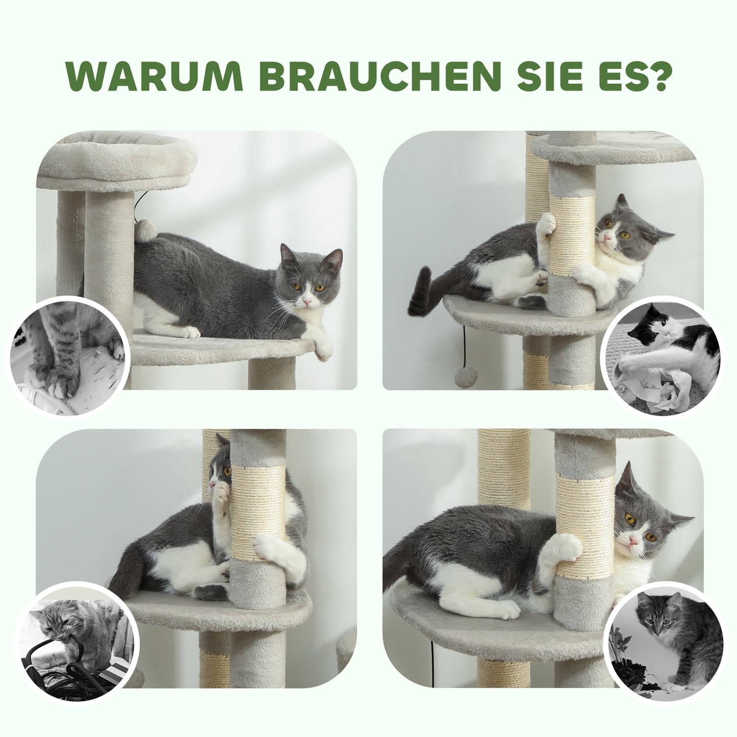 PawHut Kratzbaum 114 cm Katzenturm mit Höhle, Sisalstämme, Plattform, mehrstöckig ür mittelgroße Katzen unter 6 kg, Hellgrau